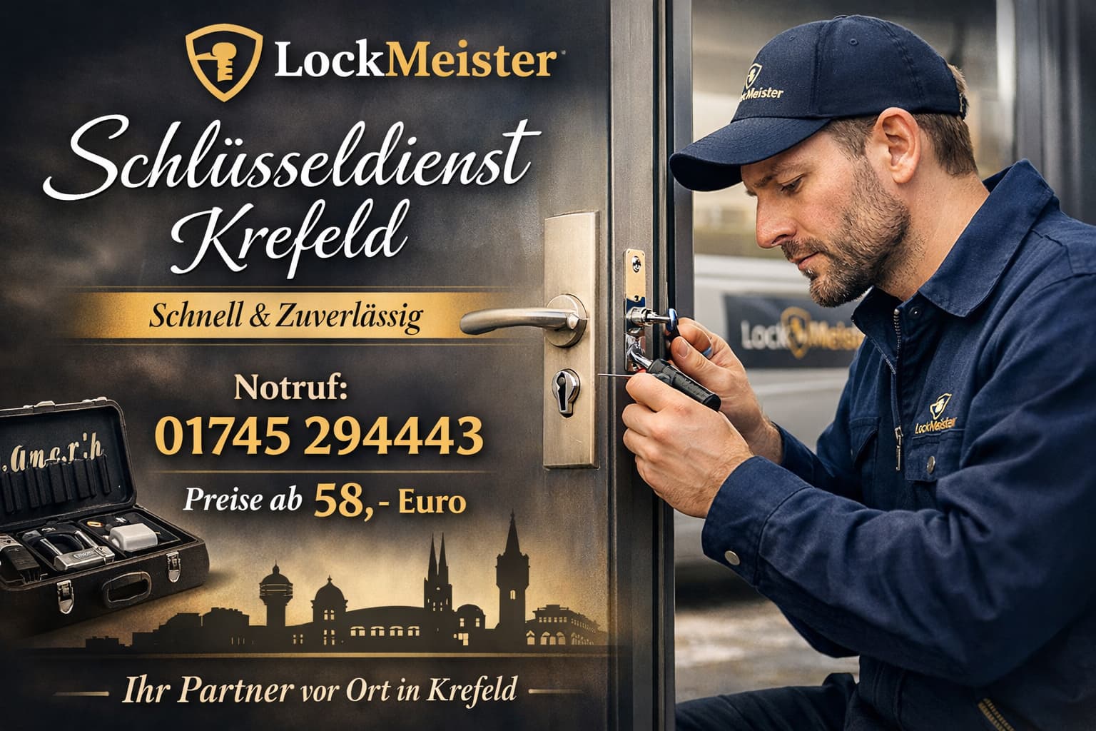 LockMeister Schlüsseldienst Krefeld Techniker öffnet Tür.