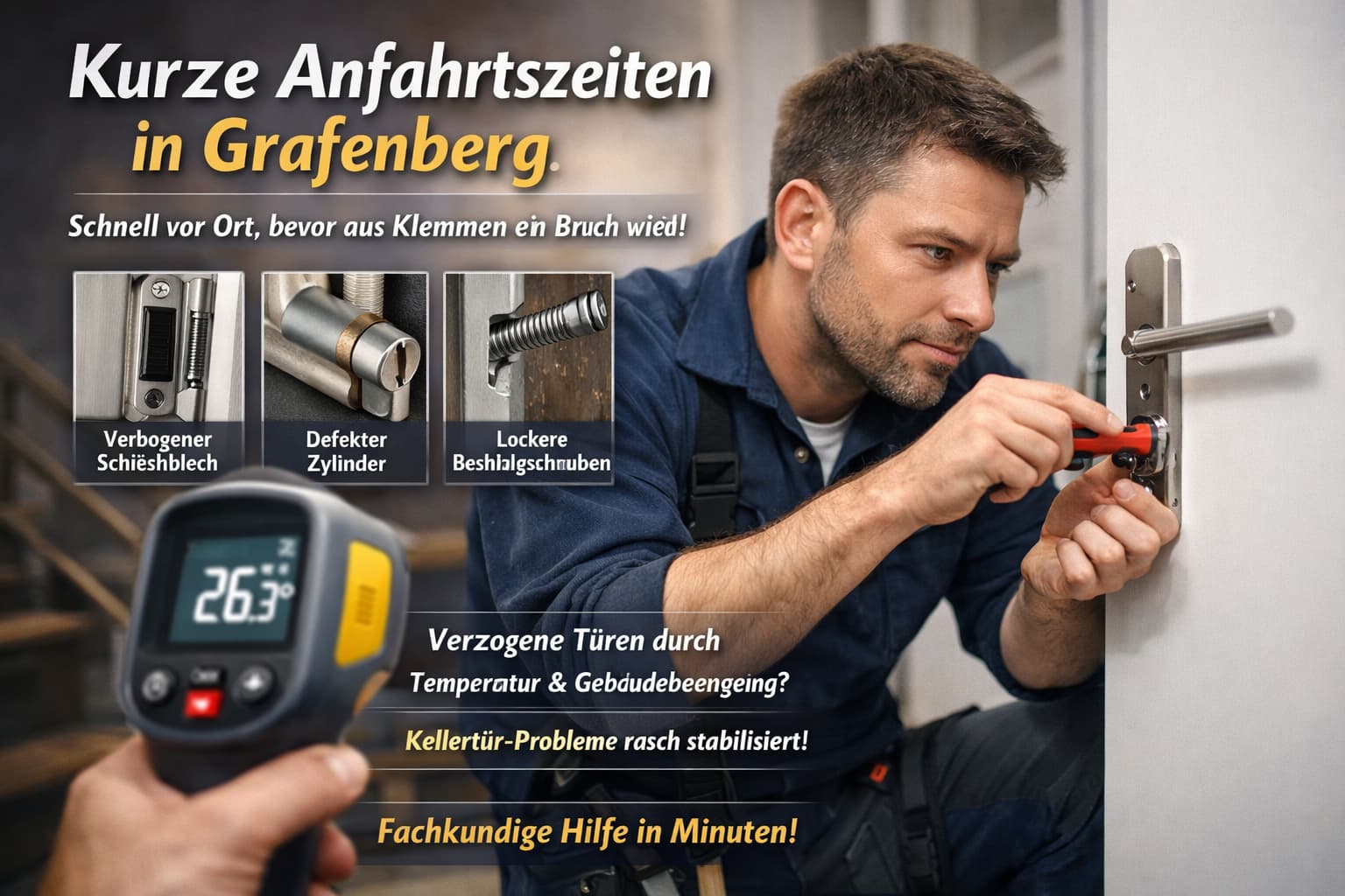 Schlüsseldienst-Techniker repariert ein Türschloss – Werbung für schnelle Hilfe mit kurzen Anfahrtszeiten in Grafenberg.