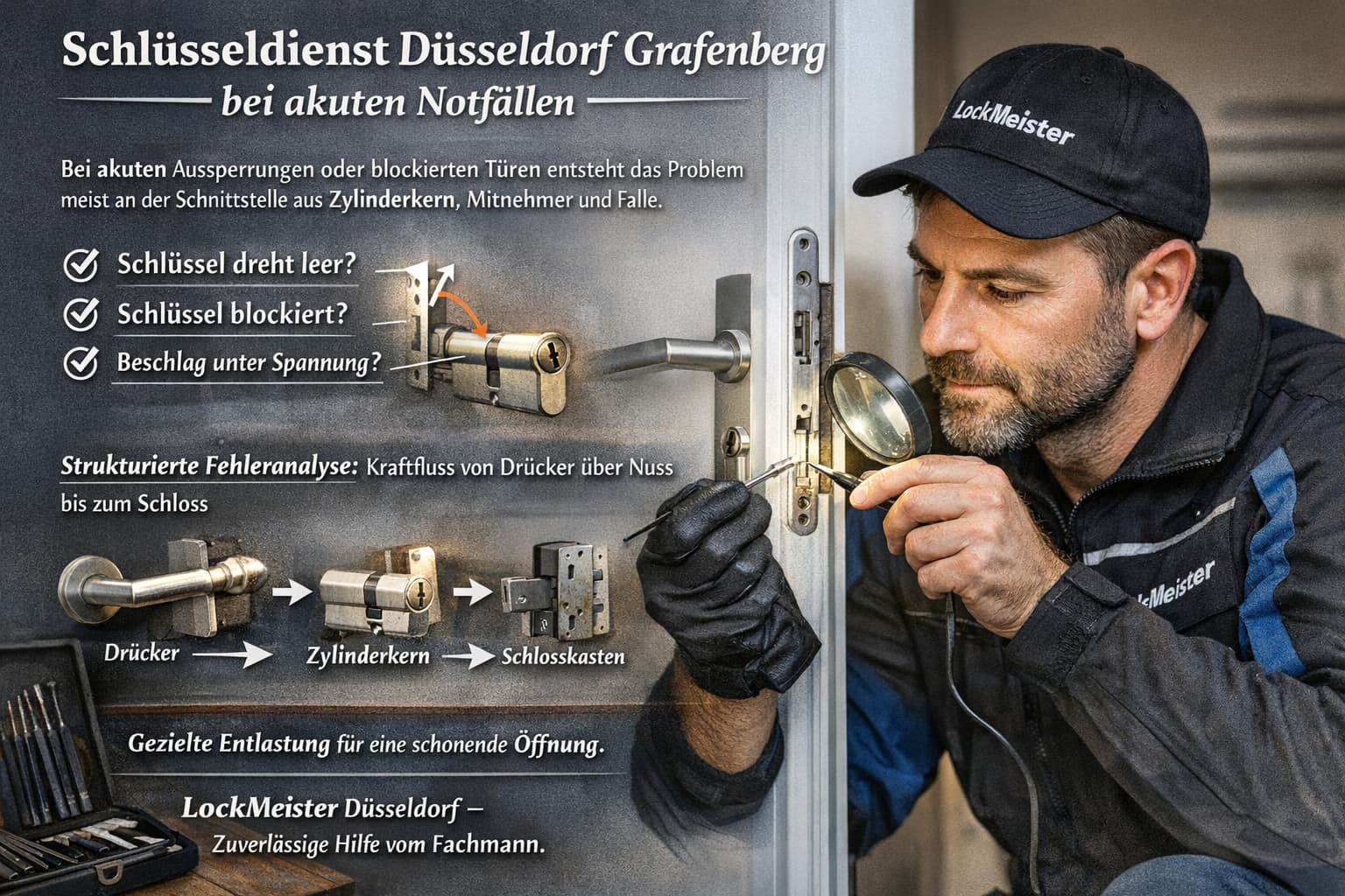 Schlüsseldienst Techniker öffnet eine blockierte Tür mit Euro-Profilzylinder in Düsseldorf Grafenberg.