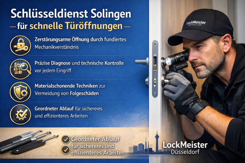Schlüsseldienst in Solingen prüft Türmechanik und öffnet Tür fachgerecht und beschädigungsarm