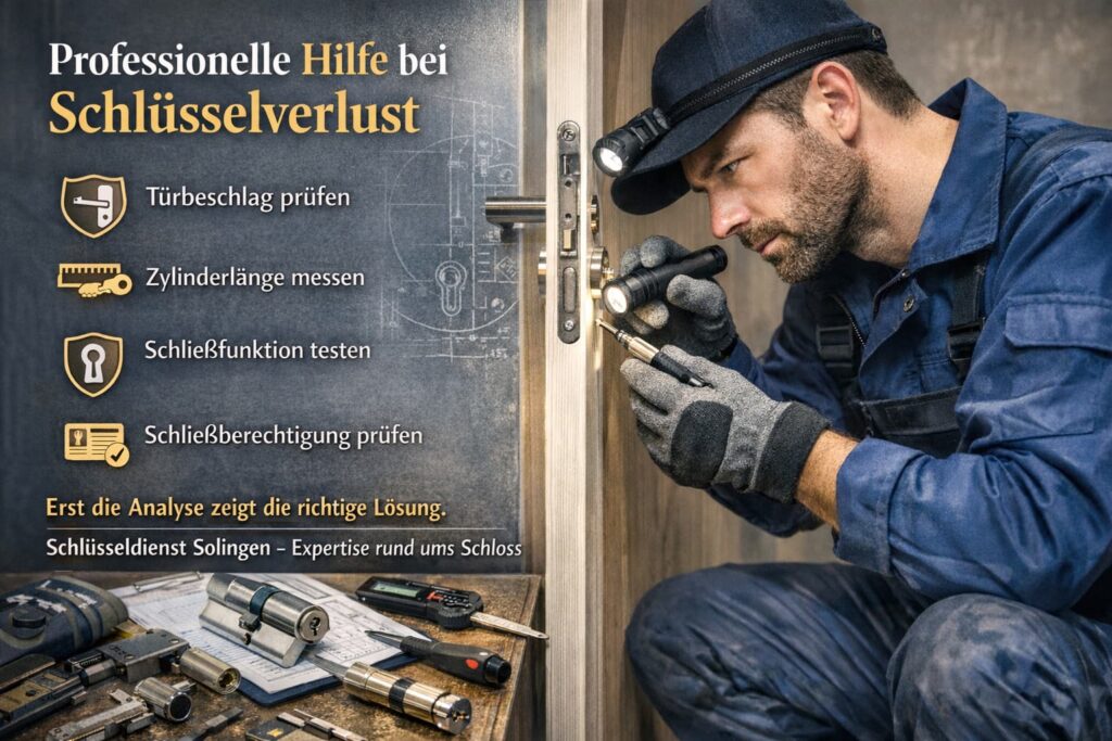 Fachkraft beim Öffnen eines Türschlosses mit Service-Icons für Notöffnung, Schlossreparatur und 24h-Dienst