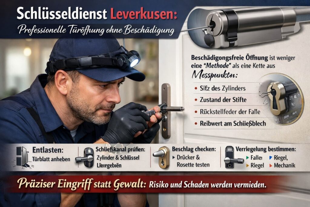 Professioneller Schlüsseldienst Leverkusen bei beschädigungsfreier Türöffnung mit Service-Icons für Notdienst, Schlosswechsel und Einbruchschutz