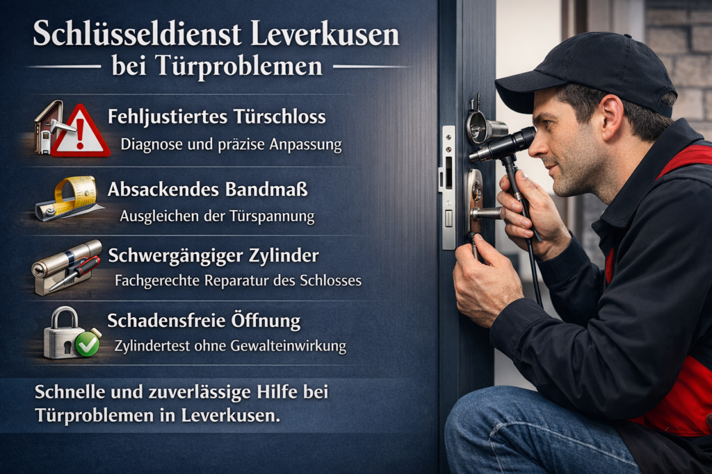 Schlüsseldienst Techniker repariert Eurozylinder bei Türproblem in Leverkusen.