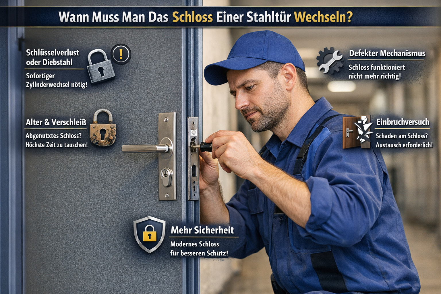 Fachmann repariert Türschloss an Stahltür mit Symbolen für Sicherheit und Schlosswechsel