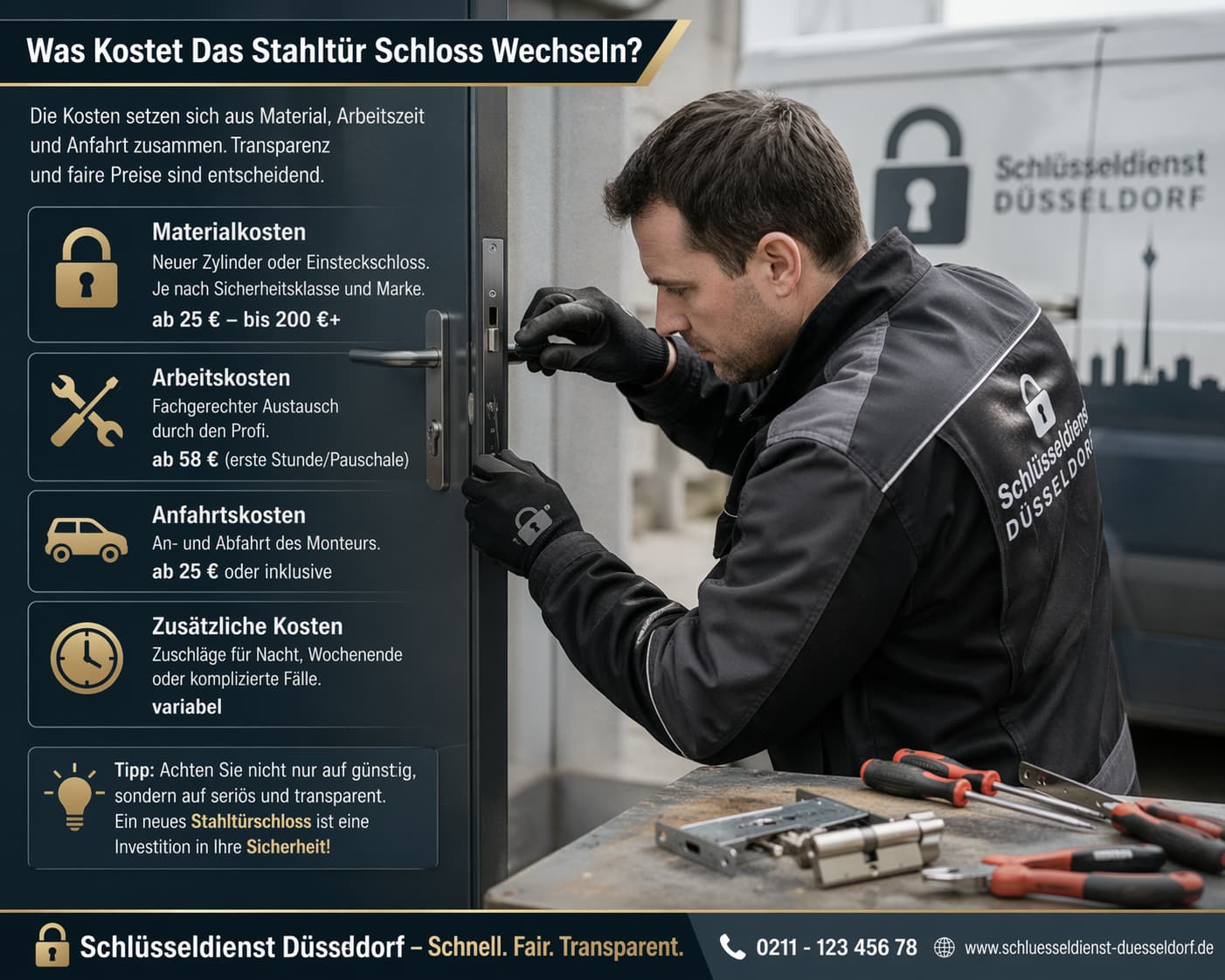 Schlüsseldienst-Techniker repariert Stahltürschloss – Kosten für Schlosswechsel übersichtlich erklärt