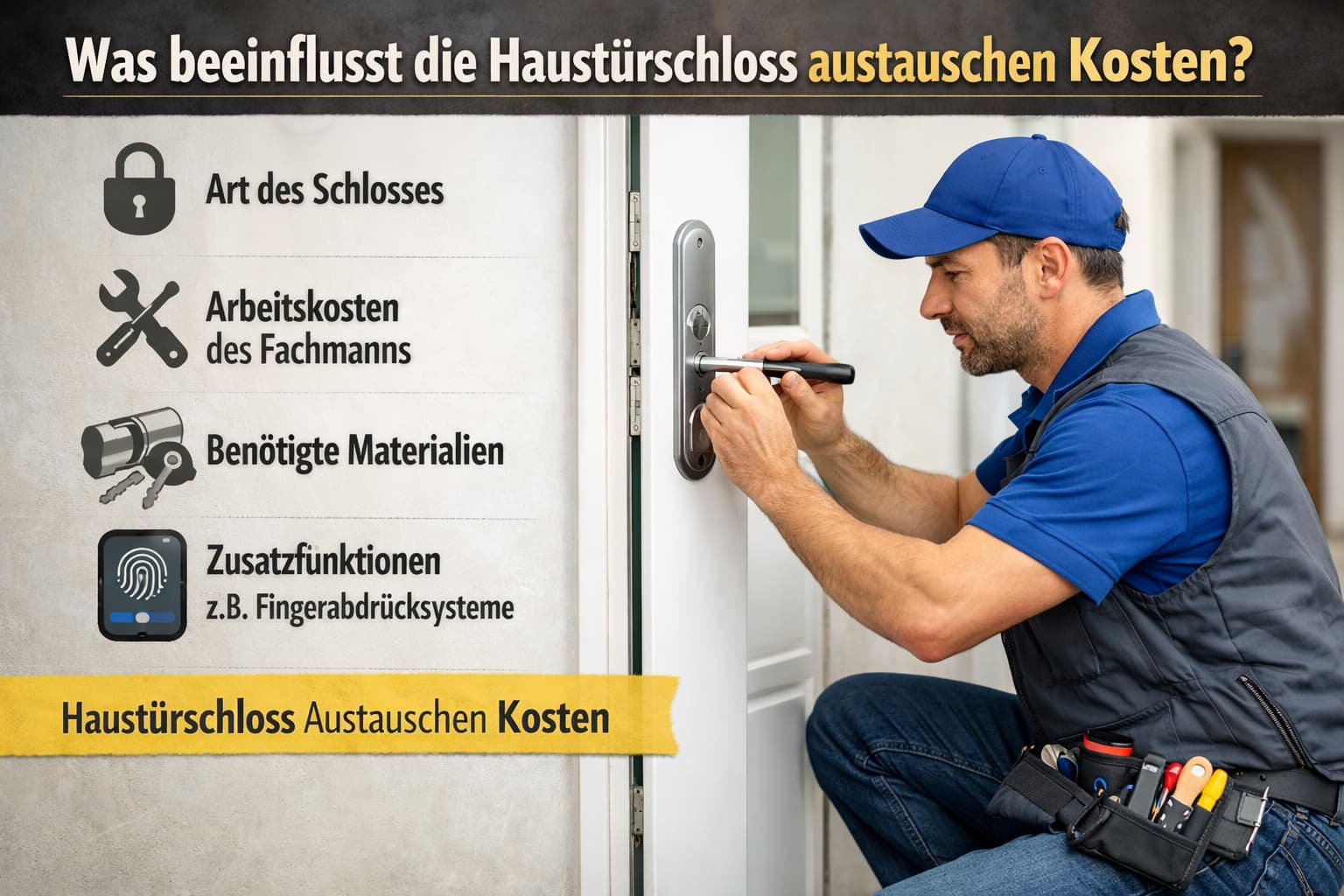 Schlüsseldienst-Techniker tauscht Haustürschloss aus – Kosten, Faktoren und Sicherheitssysteme erklärt