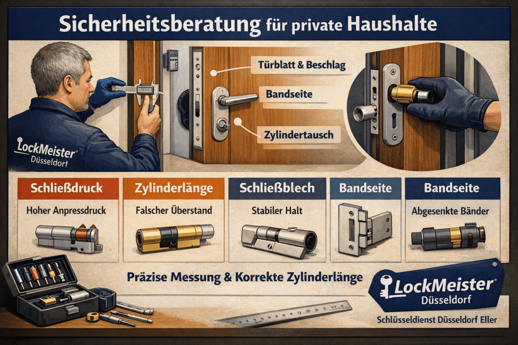 "Schlüsseldienst prüft Türmechanik: Türblatt, Zylinder, Schließblech, Bandseite. Infografik LockMeister Düsseldorf."