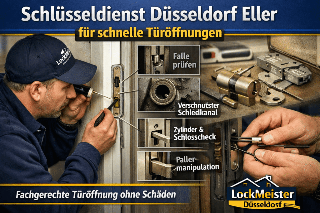 "Fachmann öffnet Tür vorsichtig in Düsseldorf Eller, Mechanismen sichtbar."
