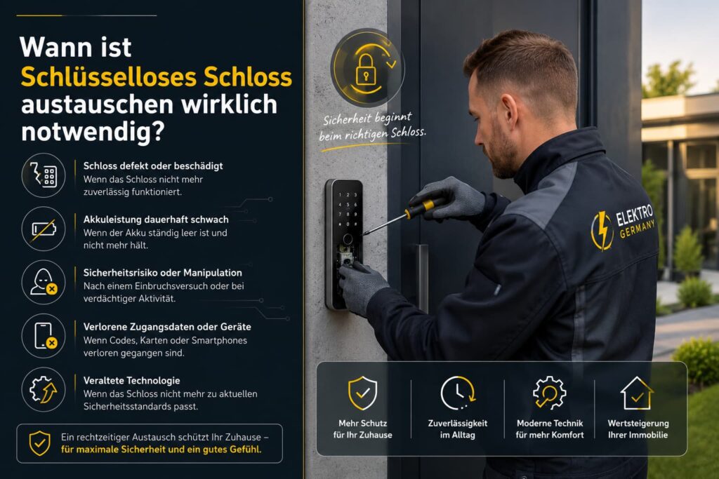 Sicherer Techniker bei der Reparatur eines modernen Türsystems mit erklärenden Symbolen und Sicherheitshinweisen.