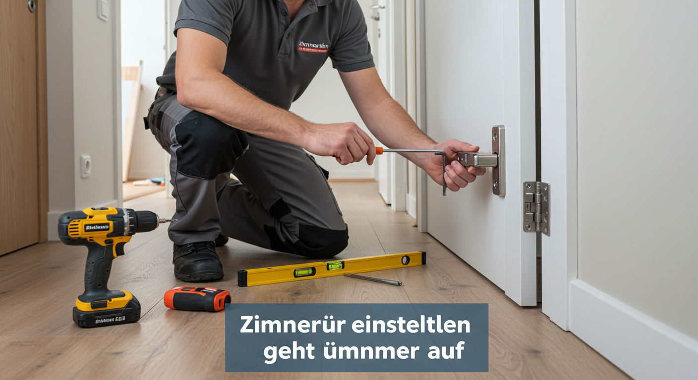 Eine Person justiert ein Türscharnier mit einem Werkzeug.